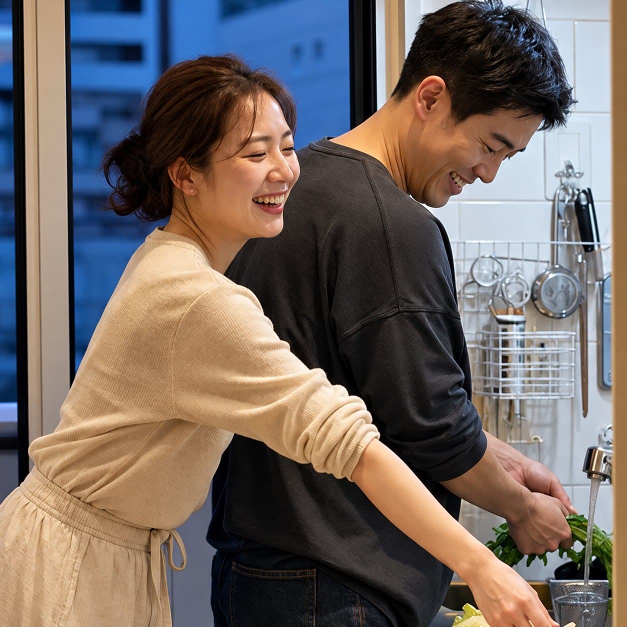 부엌에서 함께 저녁을 준비하며 웃는 한국 남성과 일본 여성
